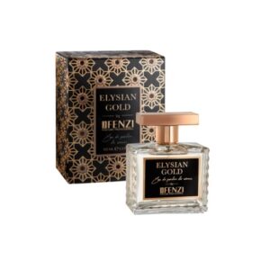 Elysian Gold perfume by Offenzi in a square glass bottle with a rose-gold cap, shown beside a black-and-gold patterned box.