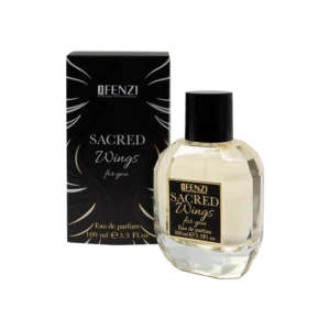 Perfume bottle and matching black box labeled 'Sacred Wings' by JFENZI, 100 ml Eau de parfum, elegant gold accents