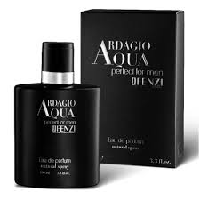 Ardagio Aqua men's perfume bottle with black label beside a matching black box; label reads Ardagio Aqua, perfect for men, eau de parfum.