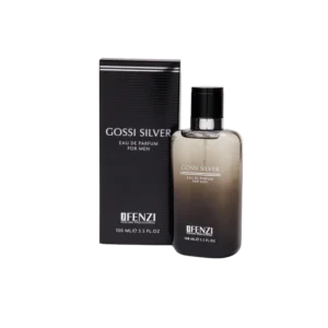 Men's perfume bottle labeled 'Gossi Silver' with a matching black box beside it; gradient dark to light bottle and black cap