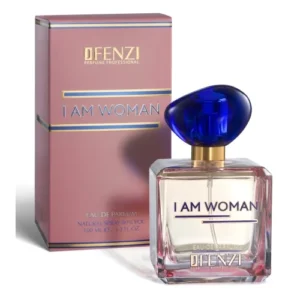 Pink perfume box and glass bottle labeled 'I AM WOMAN' with a blue gem-like cap beside it.
