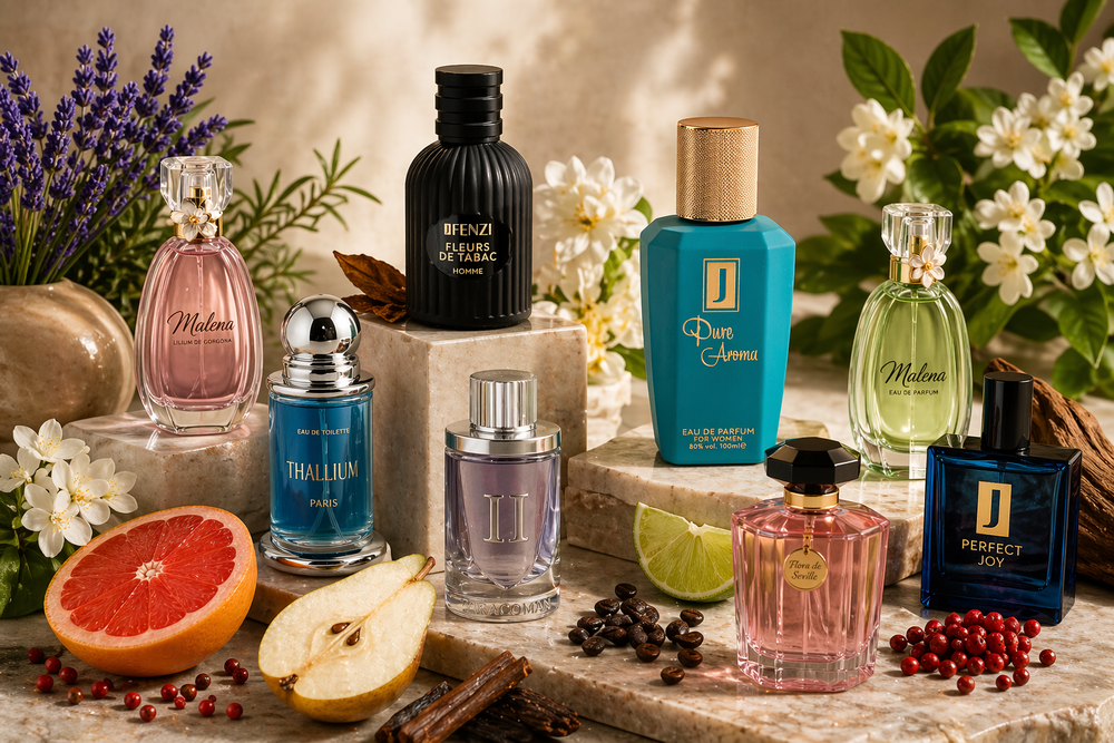 Assorted perfume bottles arranged on marble steps with citrus fruits, pears, and white flowers in a luxurious display.
