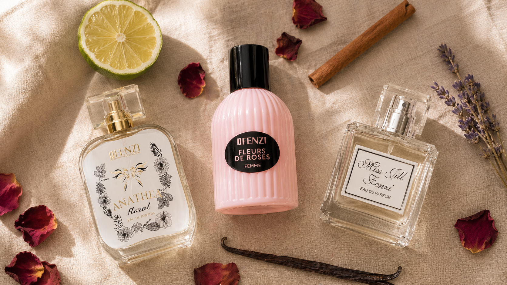 Three perfume bottles on a beige linen surface, surrounded by a halved lemon, cinnamon stick, lavender sprigs, and dried rose petals.