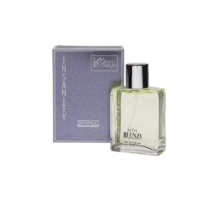 Fragrance packaging: a purple box beside a clear glass men's perfume bottle labeled 'Insanity' with a black cap.