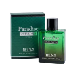 Green perfume bottle and matching box labeled Paradise Eau de Parfum for Men by DFenzi (Perfume Professional)