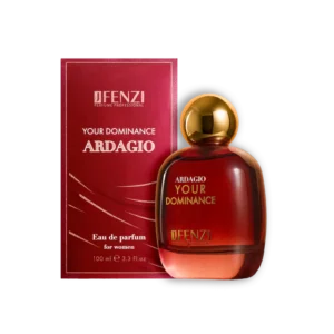 Red perfume bottle with a gold cap beside a matching red box, set against a black background, labeled 'Your Dominance' and 'Ardagio' (women's Eau de Parfum).