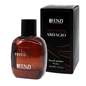 Brown glass perfume bottle labeled 'Ardagio Your Freedom' beside a black box with matching branding for a men's fragrance
