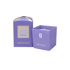 Purple gift box and matching purple candle tin with gold lettering reading 'Perfume Candle Home & Lifestyle' (set for home fragrance).