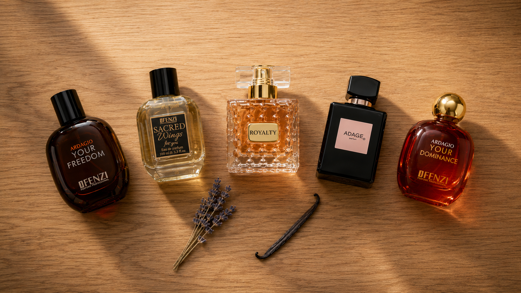 Row of five perfume bottles on a wooden surface with a sprig of lavender and a vanilla pod in front; left to right: dark amber bottle, clear glass bottle, faceted pink bottle, black rectangular bottle, and red bottle with gold cap.