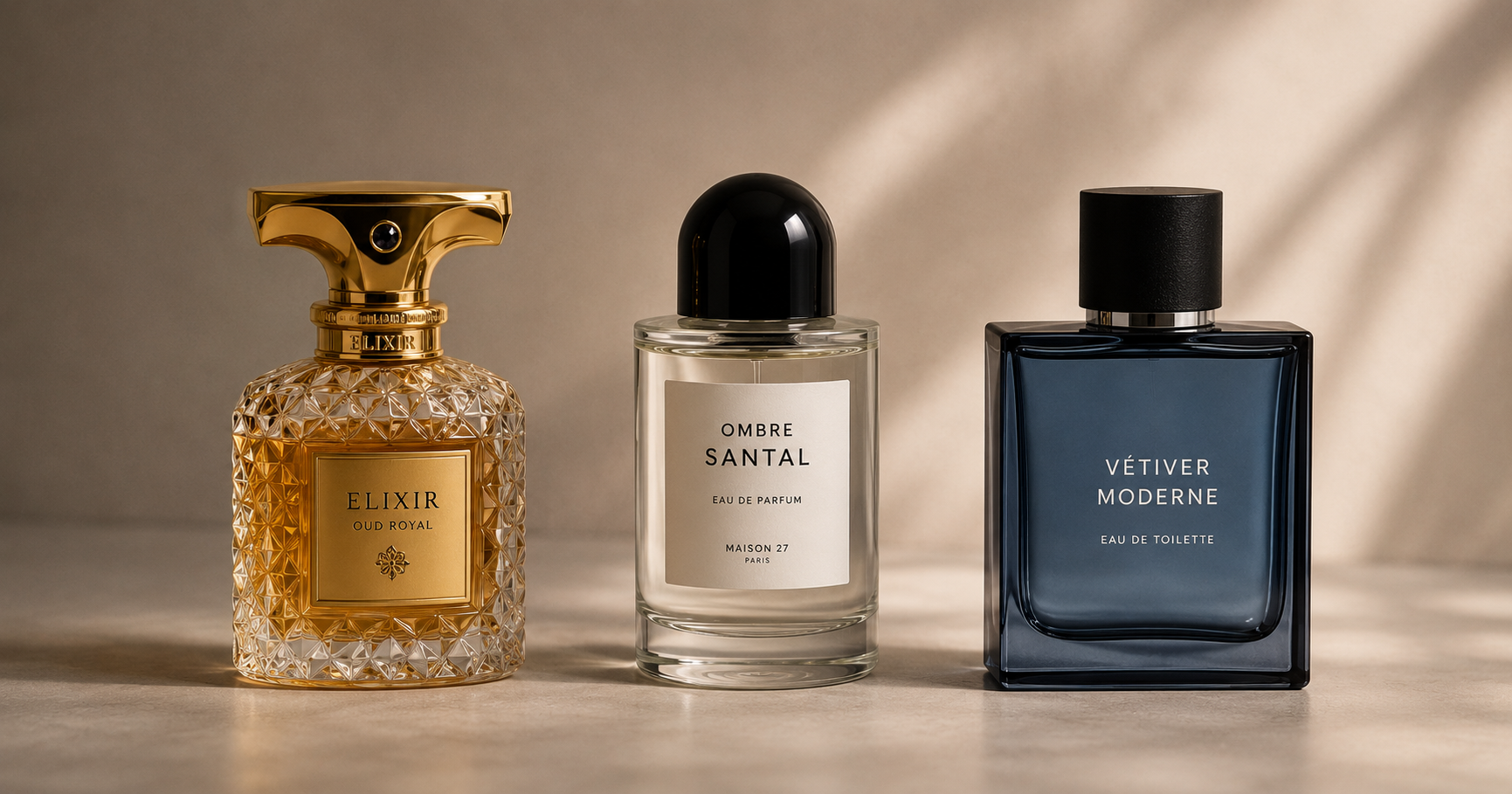Three perfume bottles on a neutral backdrop: a gold, diamond-patterned Elixir Oud Royal on the left, a clear bottle labeled Ombre Santal in the middle with a black cap, and a dark blue Vetiver Moderne bottle on the right with a black cap.