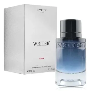Writer perfume by Cyrus Paris: white box beside a blue-to-clear gradient glass bottle with a silver cap and embossed 'WRITER' on the bottle.