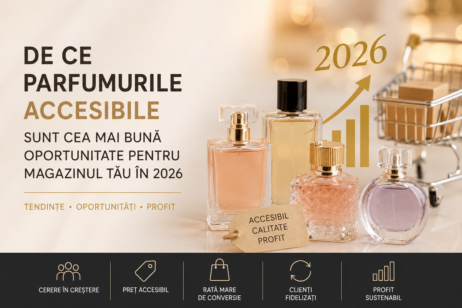 Hero banner showing perfume bottles beside a small shopping cart, advertising accessible fragrances for 2026 in Romanian text.