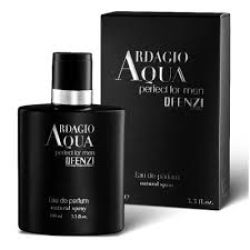Ardagio Aqua men's perfume bottle with black label beside a matching black box; label reads Ardagio Aqua, perfect for men, eau de parfum.
