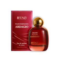 Red perfume bottle with a gold cap beside a matching red box, set against a black background, labeled 'Your Dominance' and 'Ardagio' (women's Eau de Parfum).