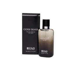 Men's perfume bottle labeled 'Gossi Silver' with a matching black box beside it; gradient dark to light bottle and black cap