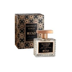 Elysian Gold perfume by Offenzi in a square glass bottle with a rose-gold cap, shown beside a black-and-gold patterned box.